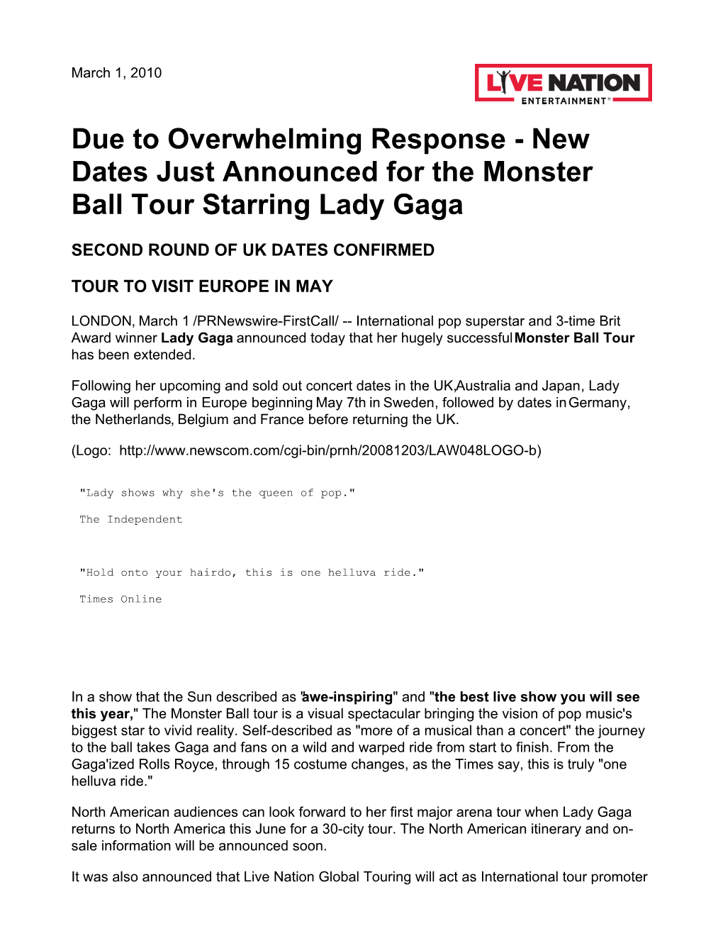 Due to Overwhelming Response - New Dates Just Announced for the Monster Ball Tour Starring Lady Gaga