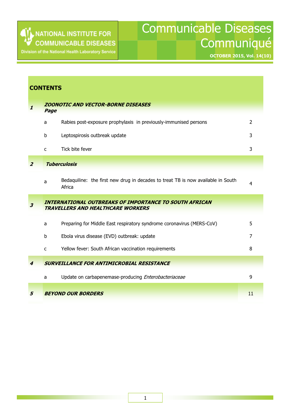 Communicable Diseases Communiqué OCTOBER 2015, Vol