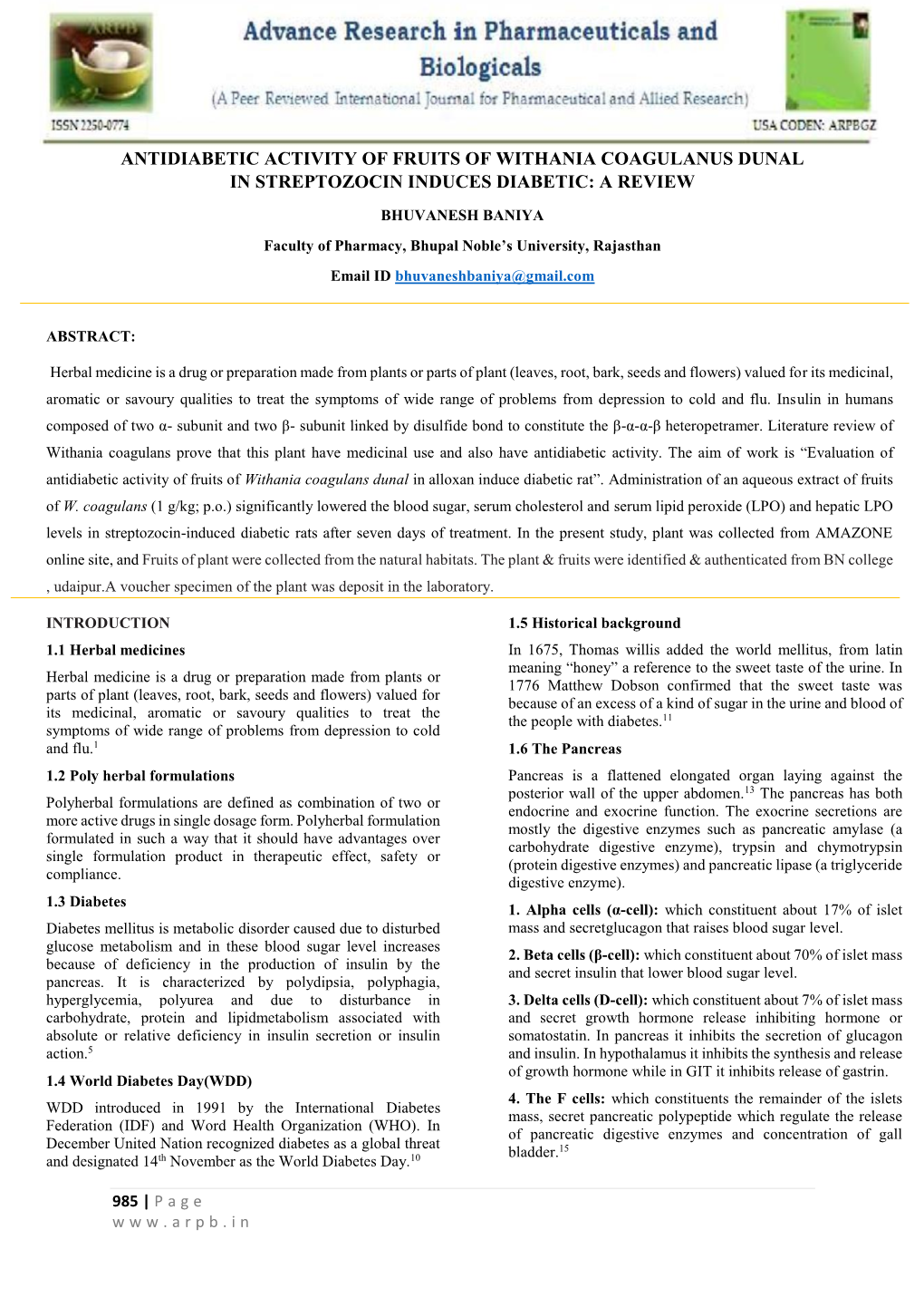 Antidiabetic Activity of Fruits of Withania Coagulanus Dunal in Streptozocin Induces Diabetic: a Review