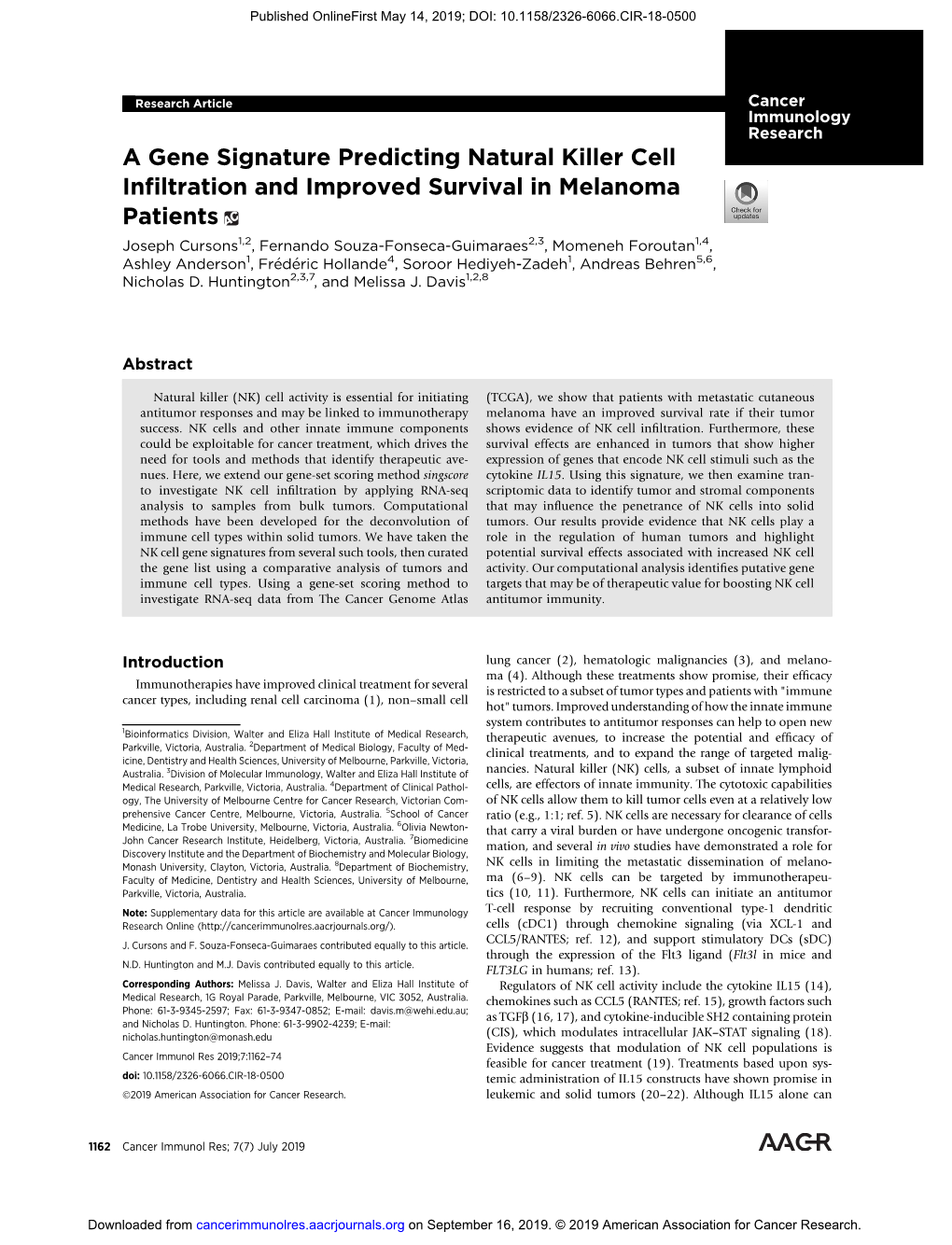 A Gene Signature Predicting Natural Killer Cell Infiltration and Improved