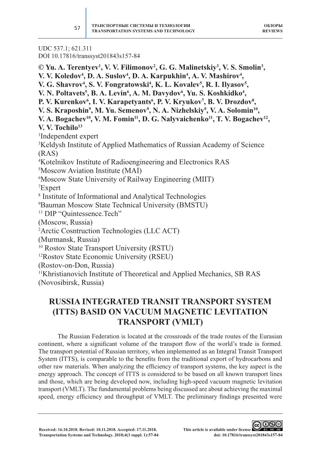 Russia Integrated Transit Transport System (Itts) Basid on Vacuum Magnetic Levitation Transport (Vmlt)