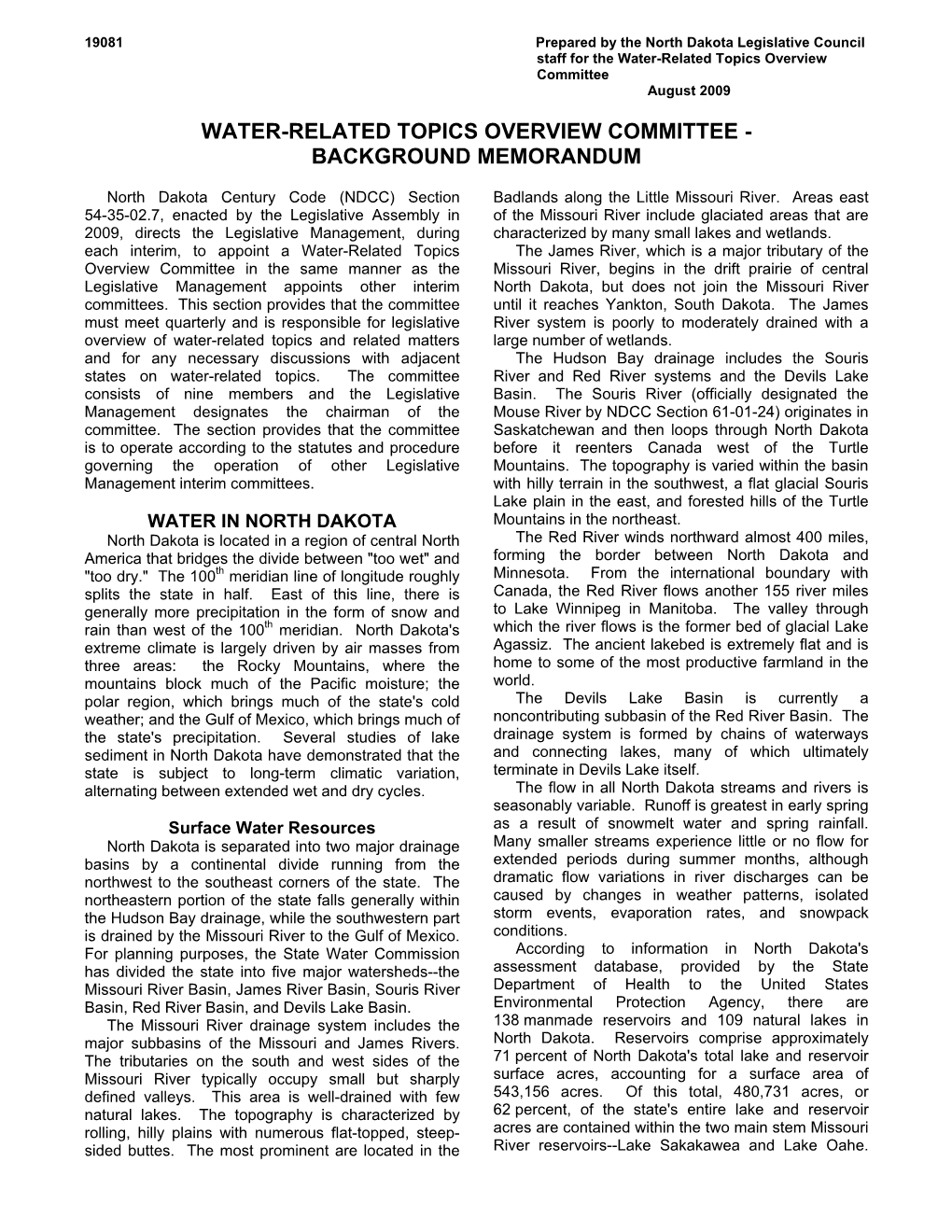 Water-Related Topics Overview Committee August 2009