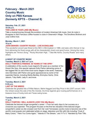 February - March 2021 Country Music Only on PBS Kansas (Formerly KPTS – Channel 8)
