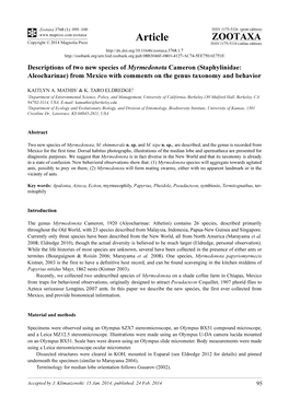 Staphylinidae: Aleocharinae) from Mexico with Comments on the Genus Taxonomy and Behavior