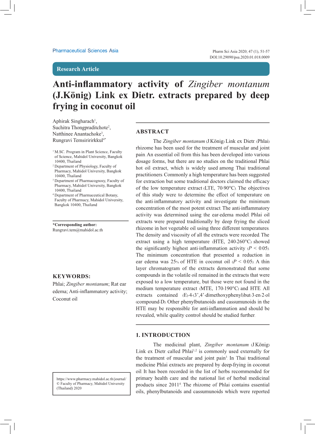 Anti-Inflammatory Activity of Zingiber Montanum (J.König) Link Ex Dietr