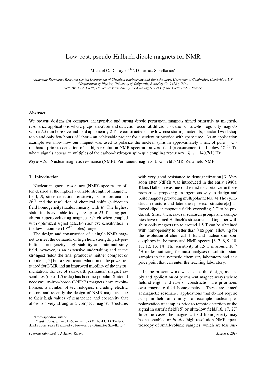 Low-Cost, Pseudo-Halbach Dipole Magnets for NMR