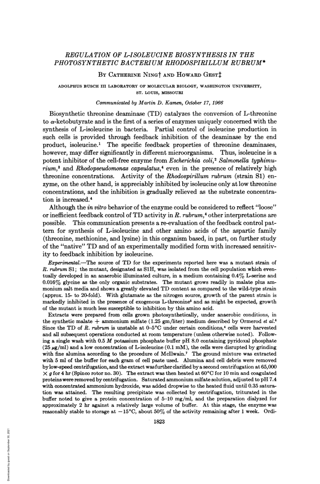 REGULATION of L-ISOLEUCINE BIOSYNTHESIS in the Zyme, on the Other Hand, Is Appreciably Inhibited by Isoleucine Only at Low Threo