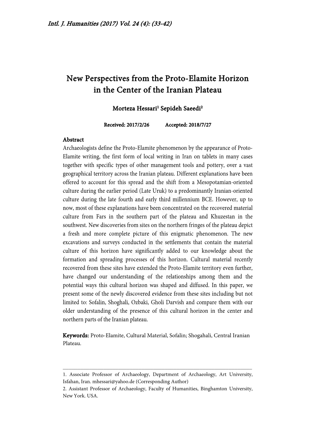 New Perspectives from the Proto-Elamite Horizon in the Center of the Iranian Plateau