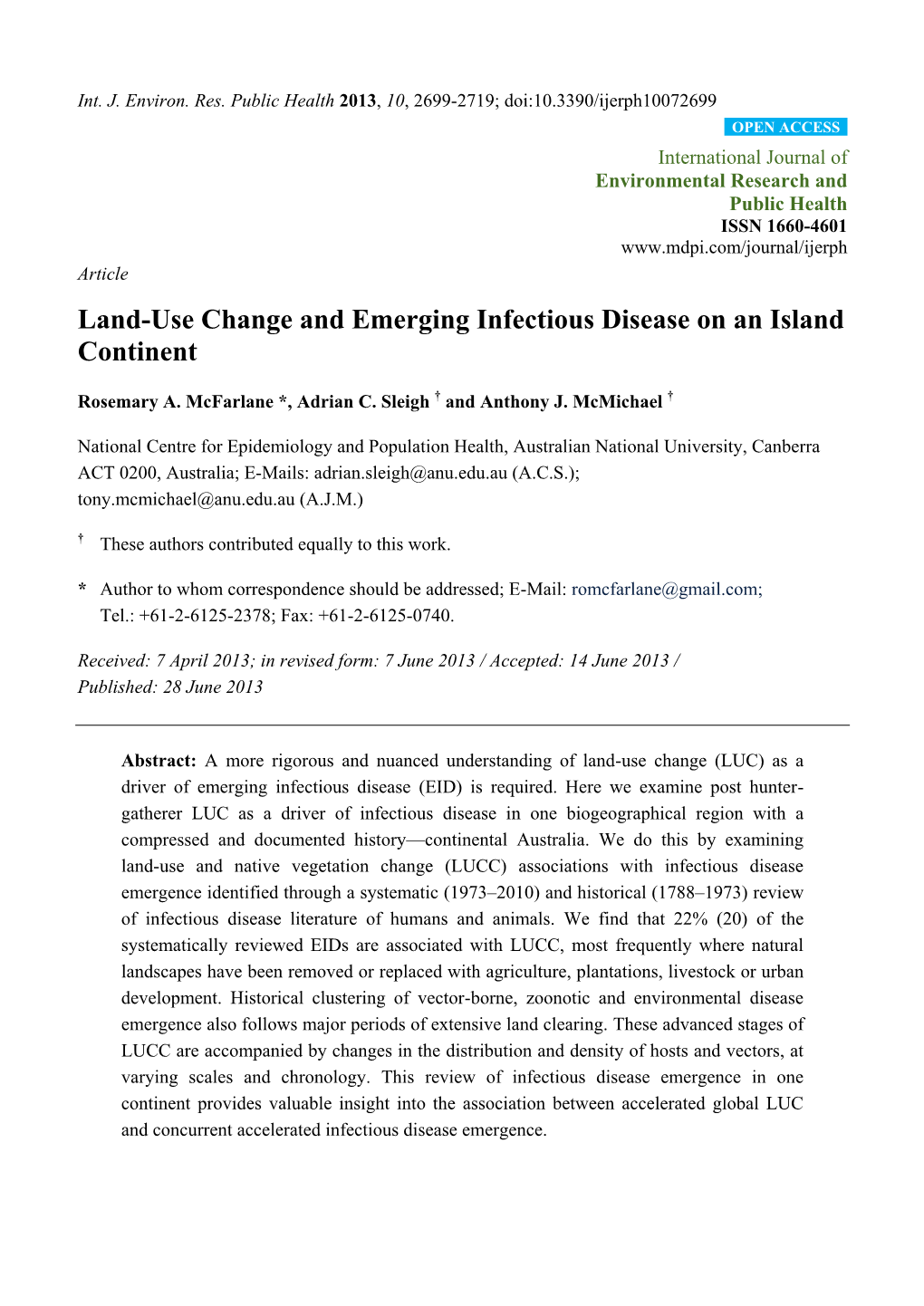 Land-Use Change and Emerging Infectious Disease on an Island Continent