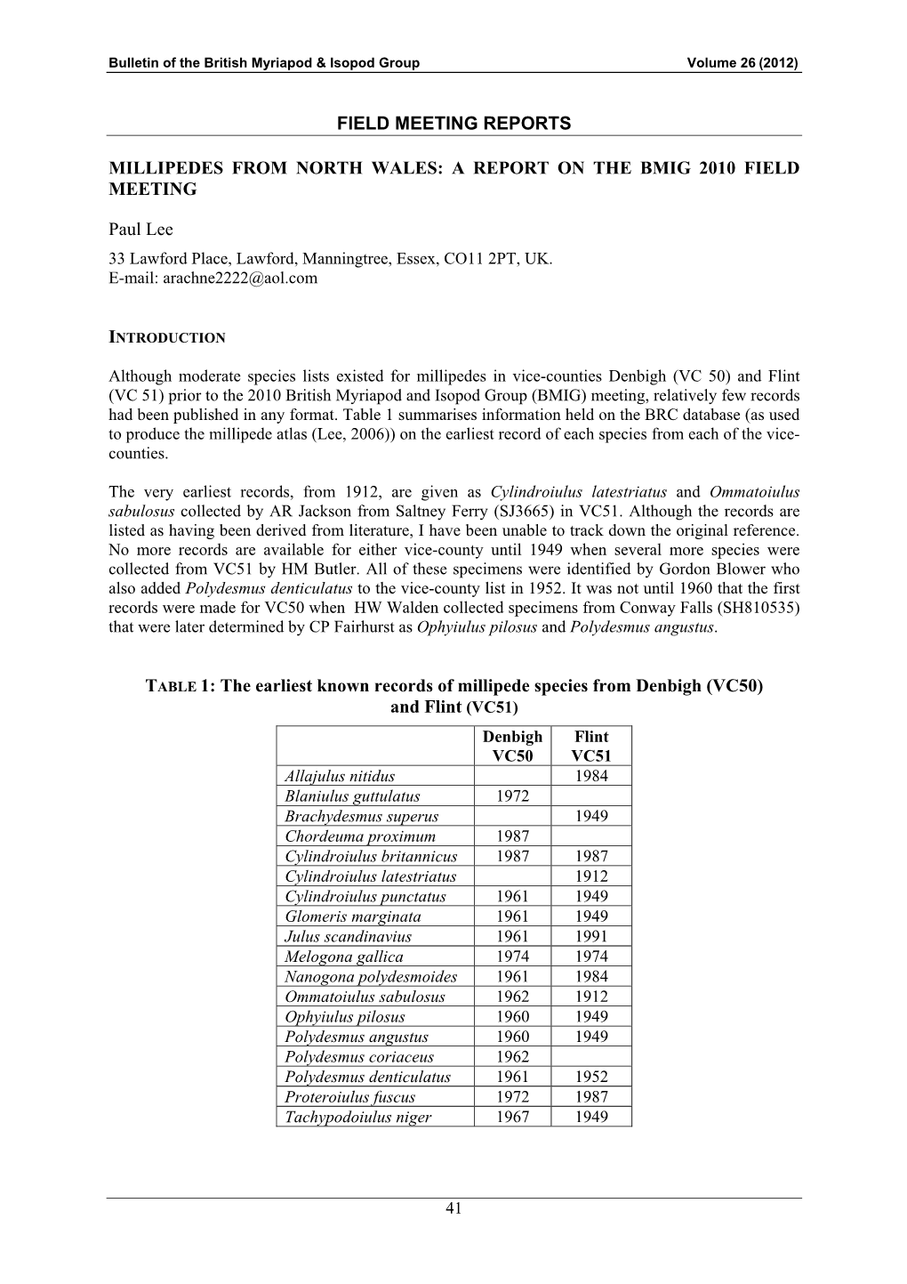 Field Meeting Reports Millipedes from North Wales