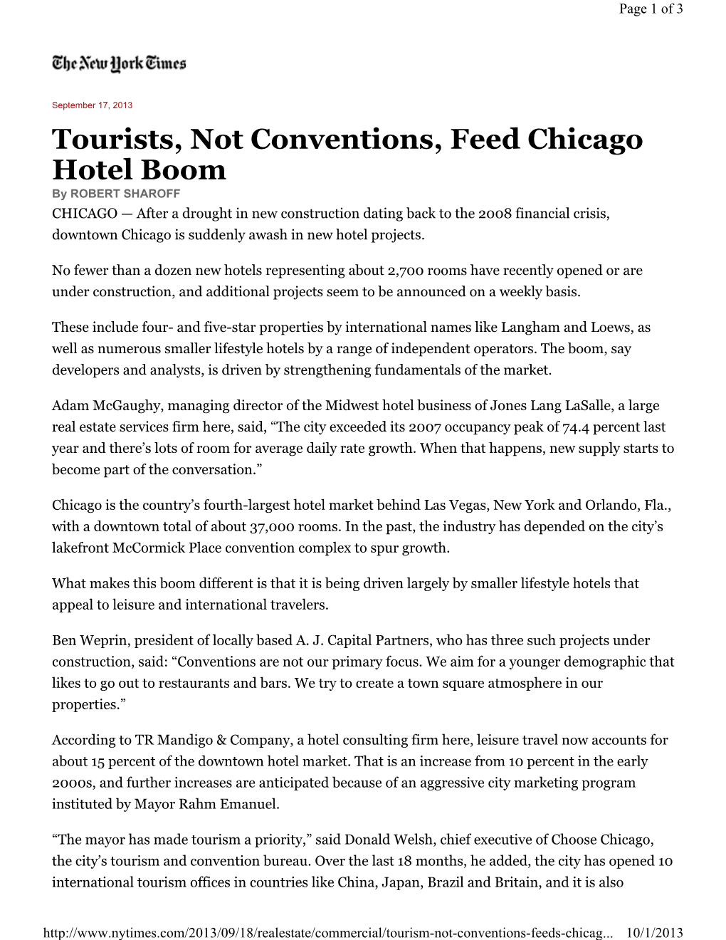 Tourists, Not Conventions, Feed Chicago Hotel Boom