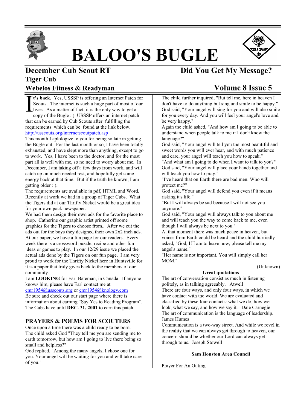 BALOO's BUGLE December Cub Scout RT Did You Get My Message? Tiger Cub Webelos Fitness & Readyman Volume 8 Issue 5 T’S Back
