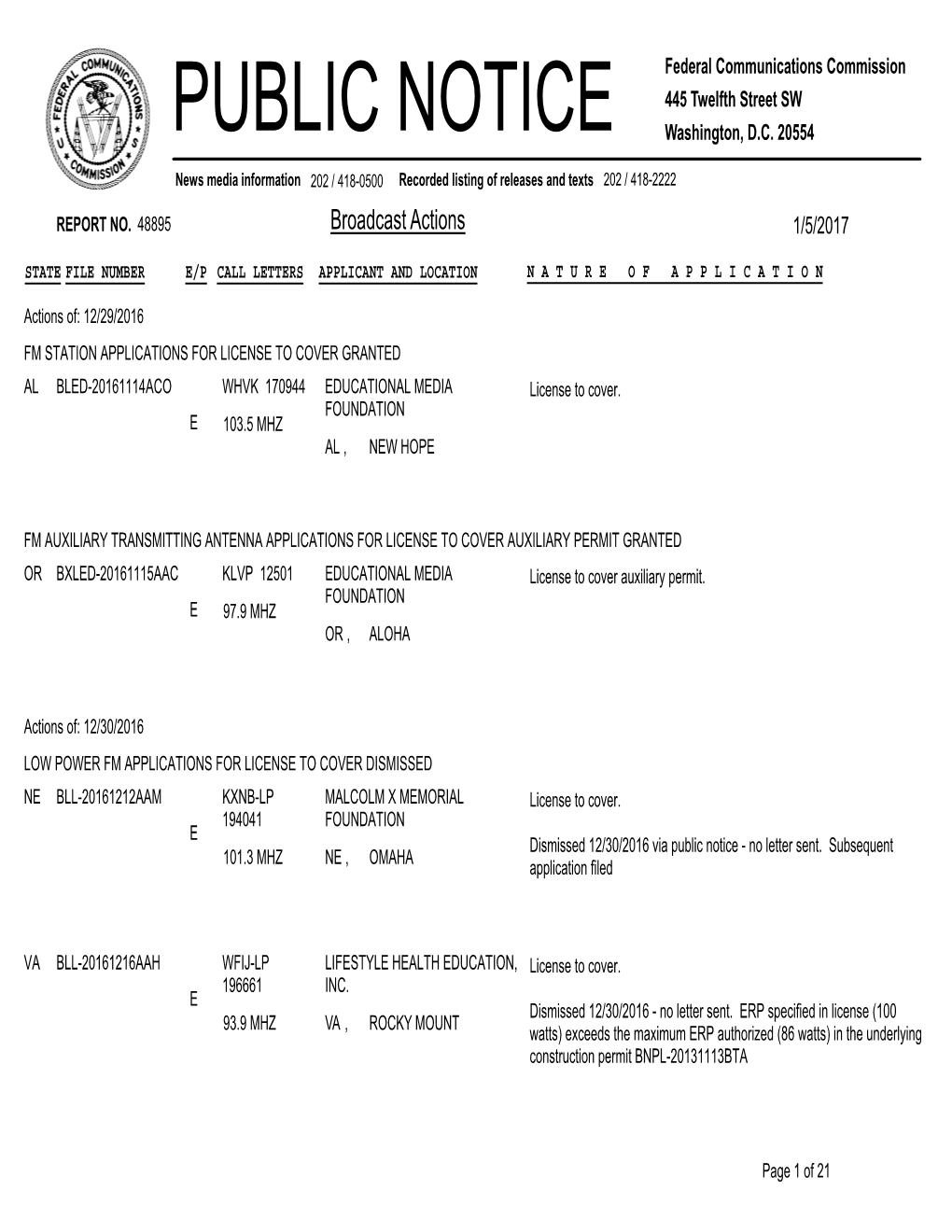 Broadcast Actions 1/5/2017