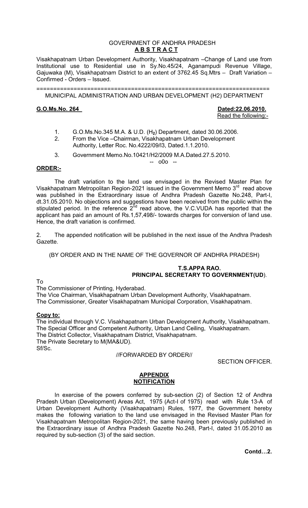 GOVERNMENT of ANDHRA PRADESH ABSTRACT Visakhapatnam Urban Development Authority, Visakhapatnam