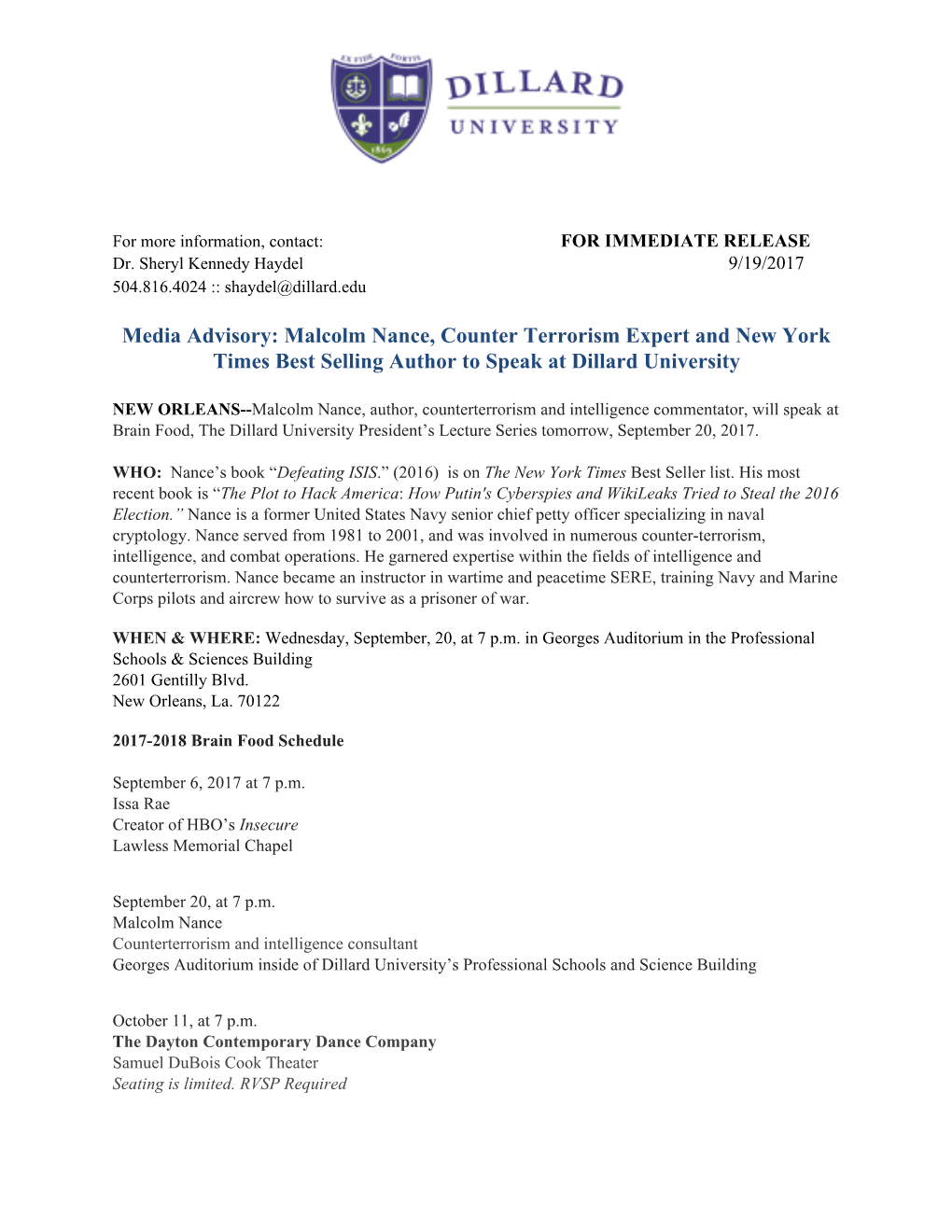 Media Advisory: Malcolm Nance, Counter Terrorism Expert and New York Times Best Selling Author to Speak at Dillard University