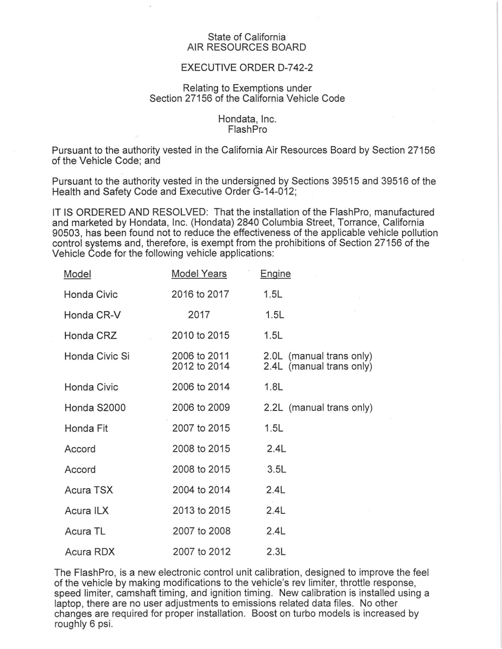 Executive Order D-742-2 Hondata, Inc