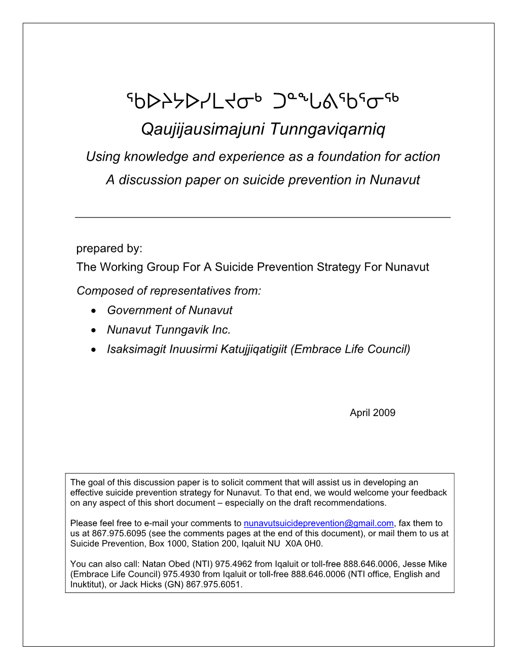 A Discussion Paper on Suicide Prevention in Nunavut