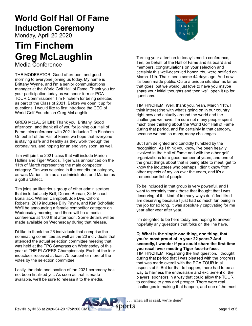 Tim Finchem Greg Mclaughlin