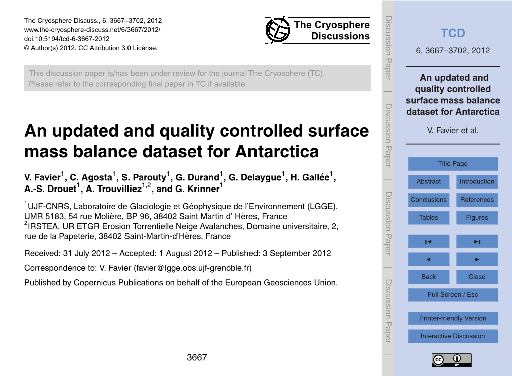 An Updated and Quality Controlled Surface Mass Balance Dataset for Antarctica Table 2