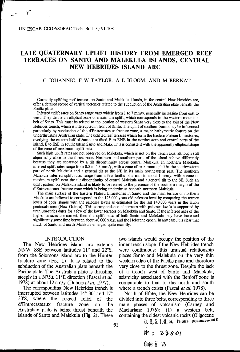 Late Quaternary Uplift History from Emerged Reef Terraces on Santo and Malekula Islands, Central New Hebrides Island Arc