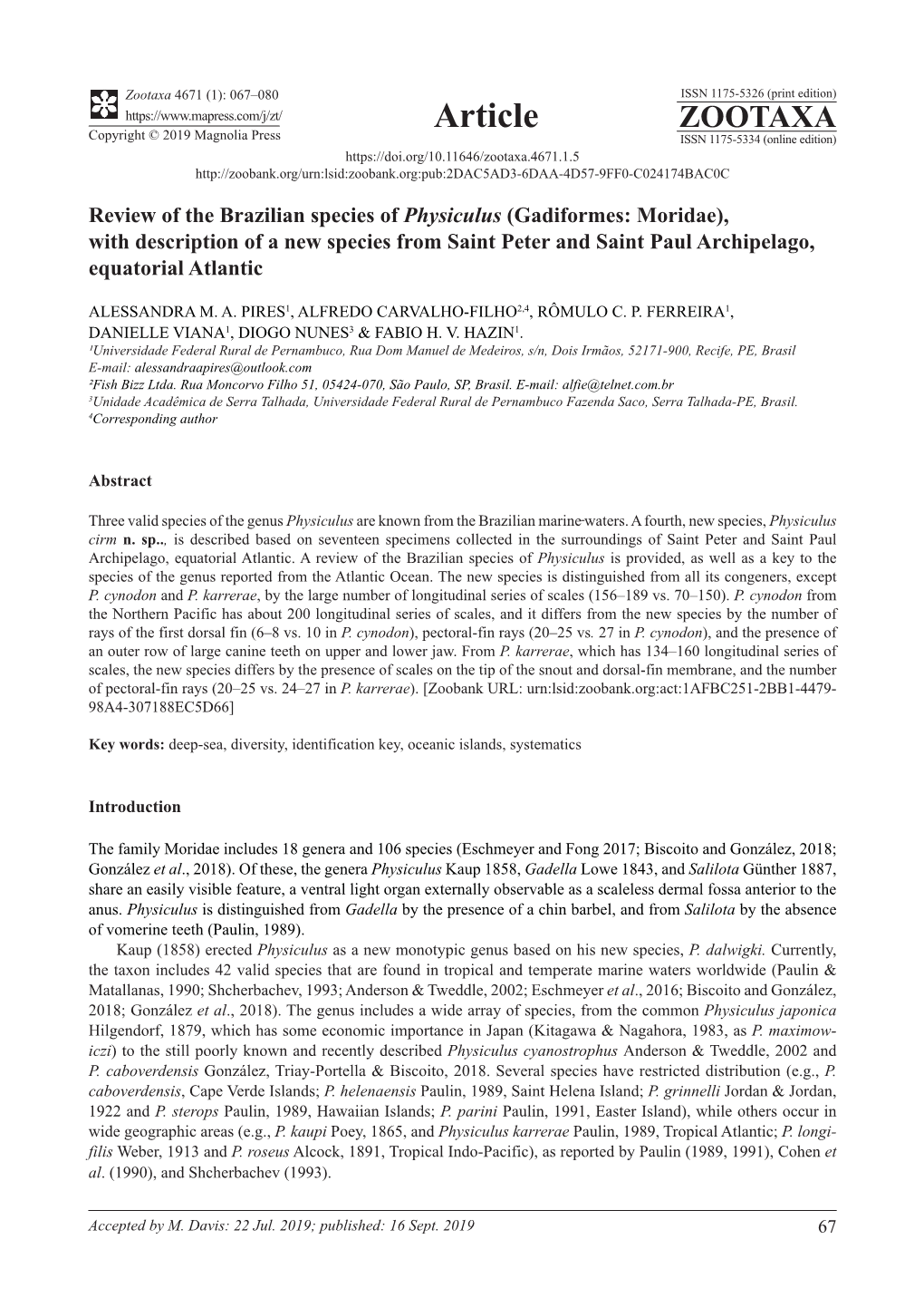 Gadiformes: Moridae), with Description of a New Species from Saint Peter and Saint Paul Archipelago, Equatorial Atlantic