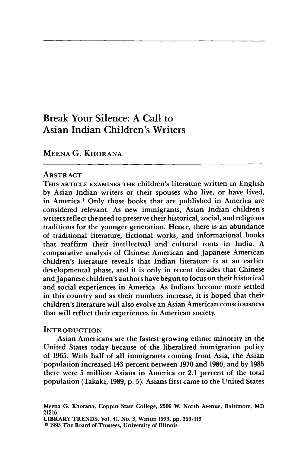 Break Your Silence: a Call to Asian Indian Children's Writers