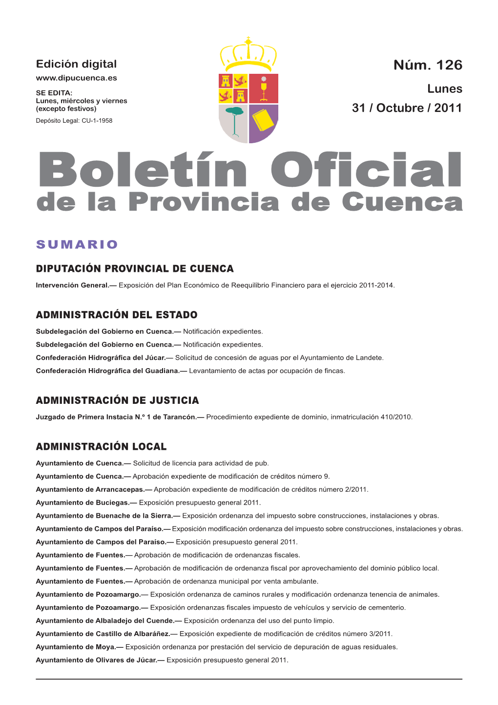Boletín Oficial De La Provincia De Cuenca Sumario