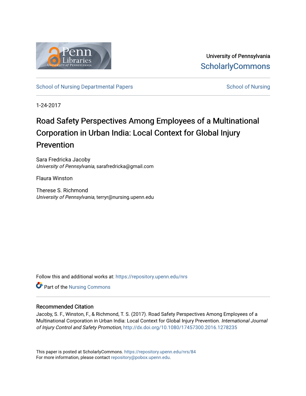 Road Safety Perspectives Among Employees of a Multinational Corporation in Urban India: Local Context for Global Injury Prevention