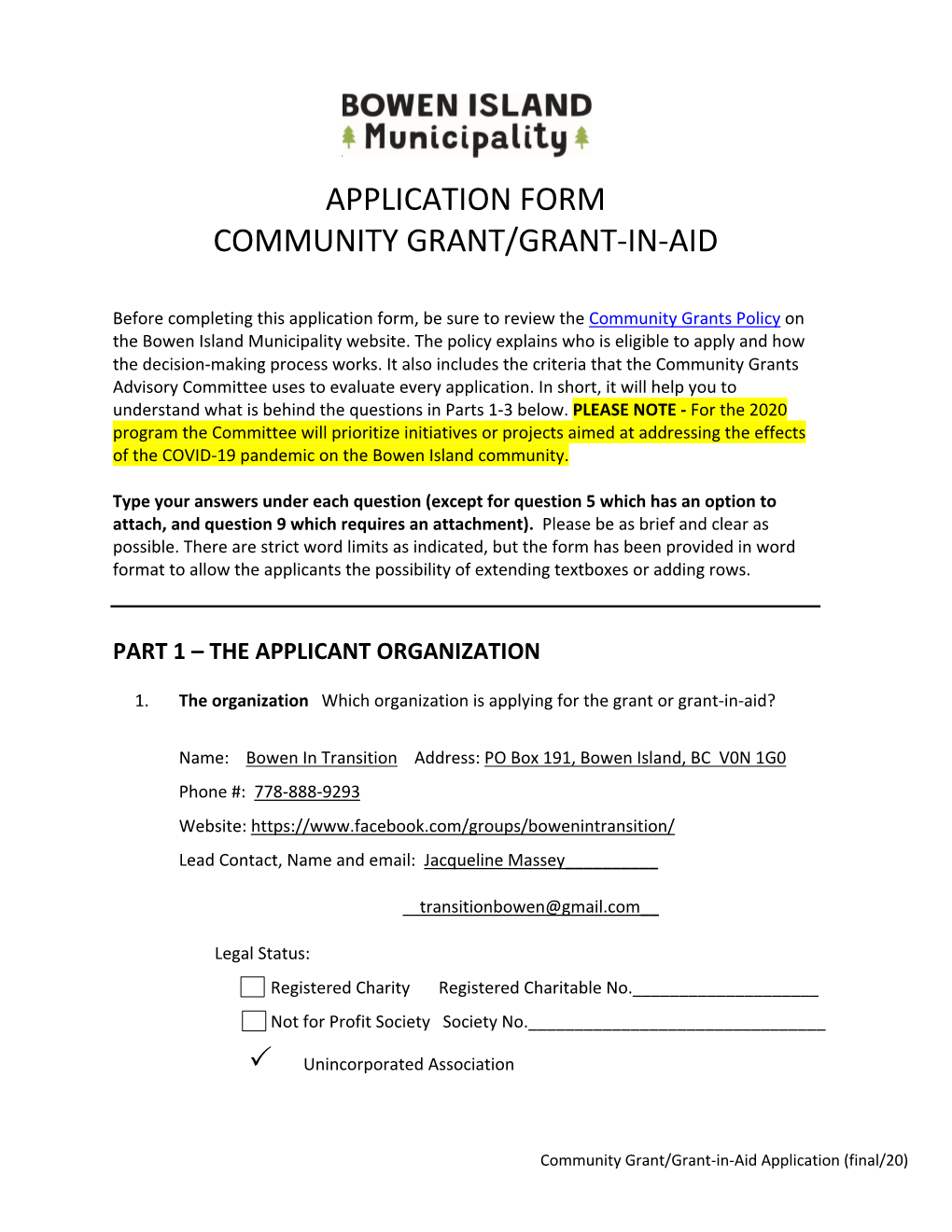 Application Form Community Grant/Grant-In-Aid