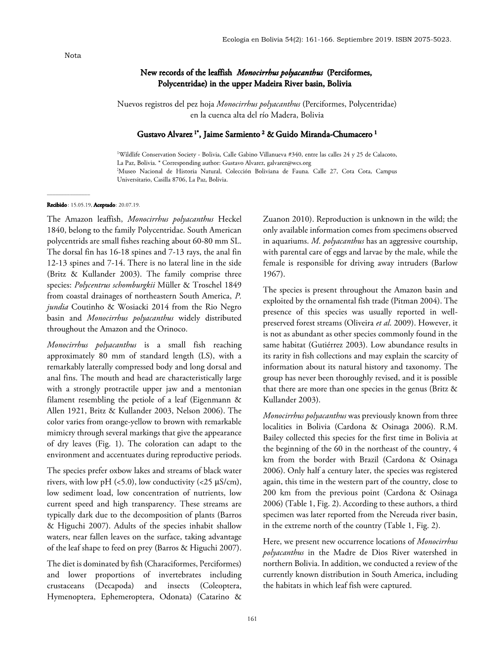 New Records of the Leaffish Monocirrhus Polyacanthus (Perciformes, Polycentridae) in the Upper Madeira River Basin, Bolivia Nuev