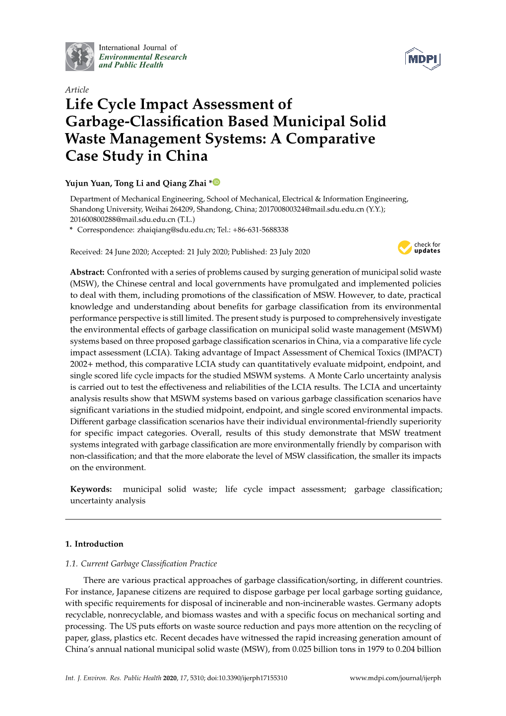 Life Cycle Impact Assessment of Garbage-Classification