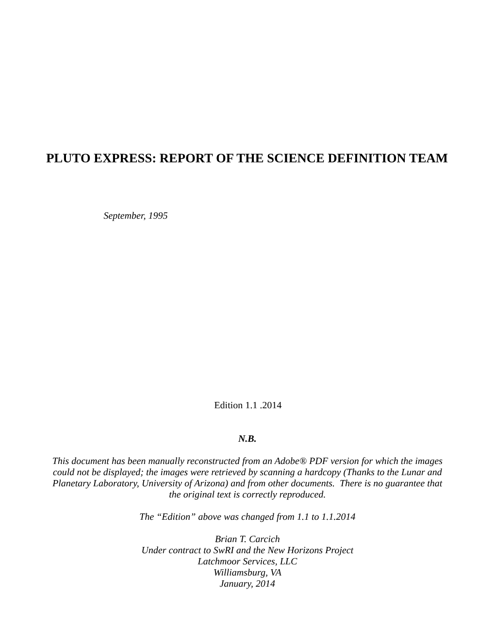 Pluto Express: Report of the Science Definition Team