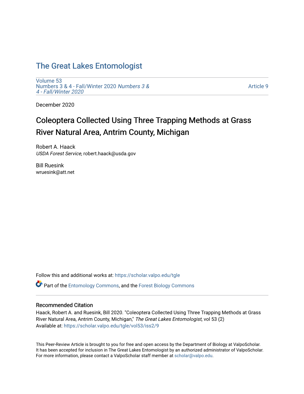 Coleoptera Collected Using Three Trapping Methods at Grass River Natural Area, Antrim County, Michigan