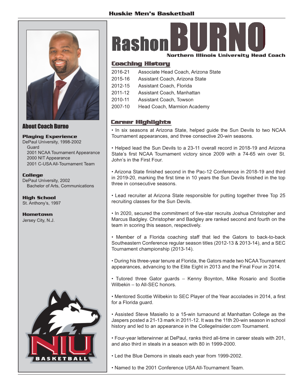 Huskie Men's Basketball About Coach Burno Coaching History Career