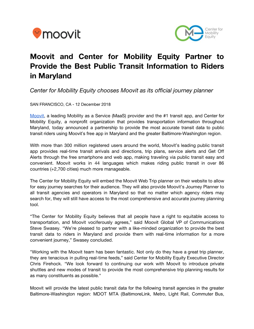Moovit and Center for Mobility Equity Partner to Provide the Best Public Transit Information to Riders in Maryland