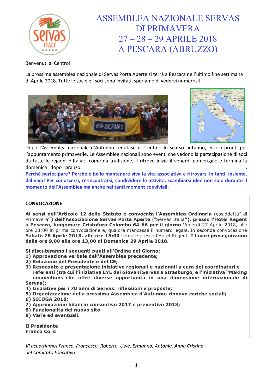 Assemblea Nazionale Servas Di Primavera 27 – 28 – 29 Aprile 2018 a Pescara (Abruzzo)