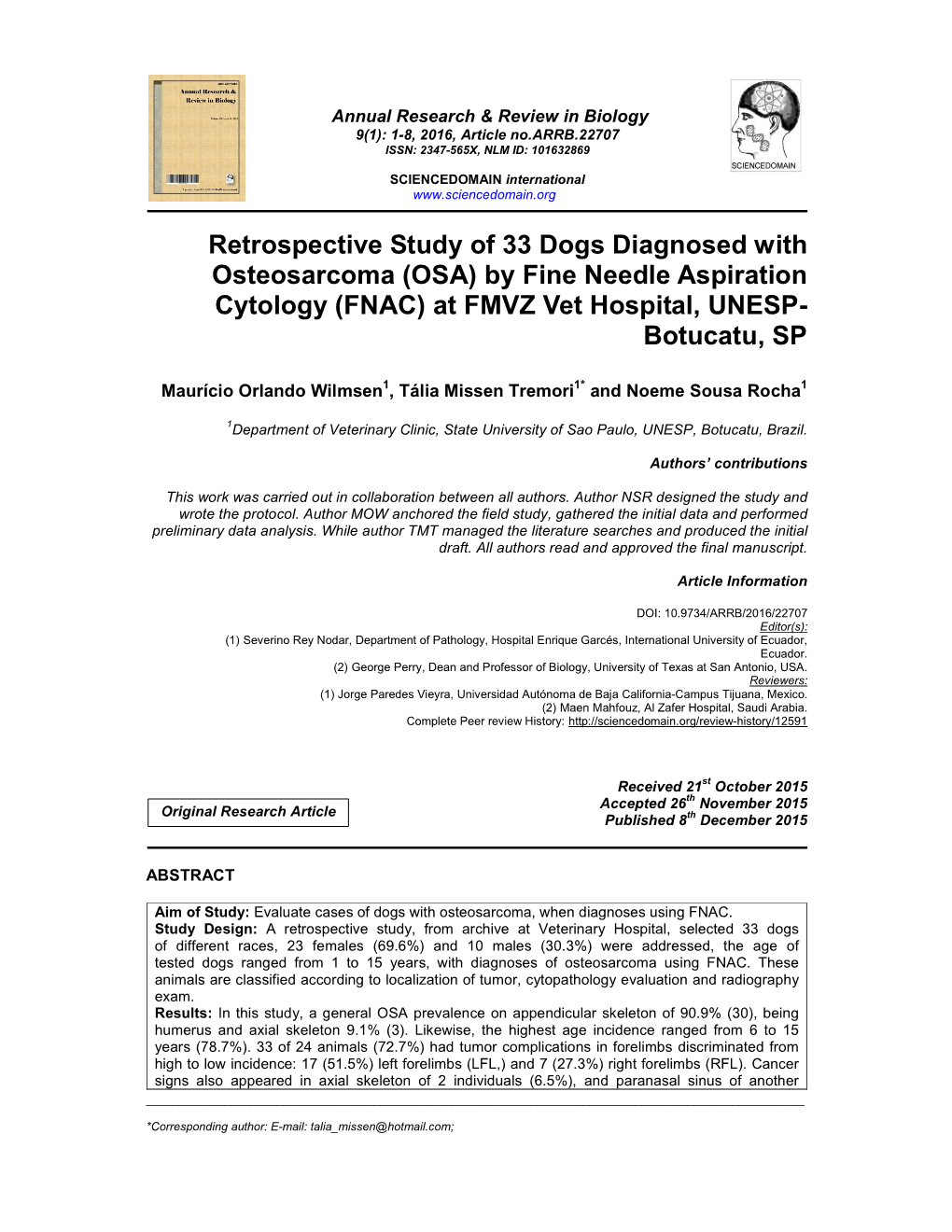(OSA) by Fine Needle Aspiration Cytology (FNAC) at FMVZ Vet Hospital, UNESP- Botucatu, SP
