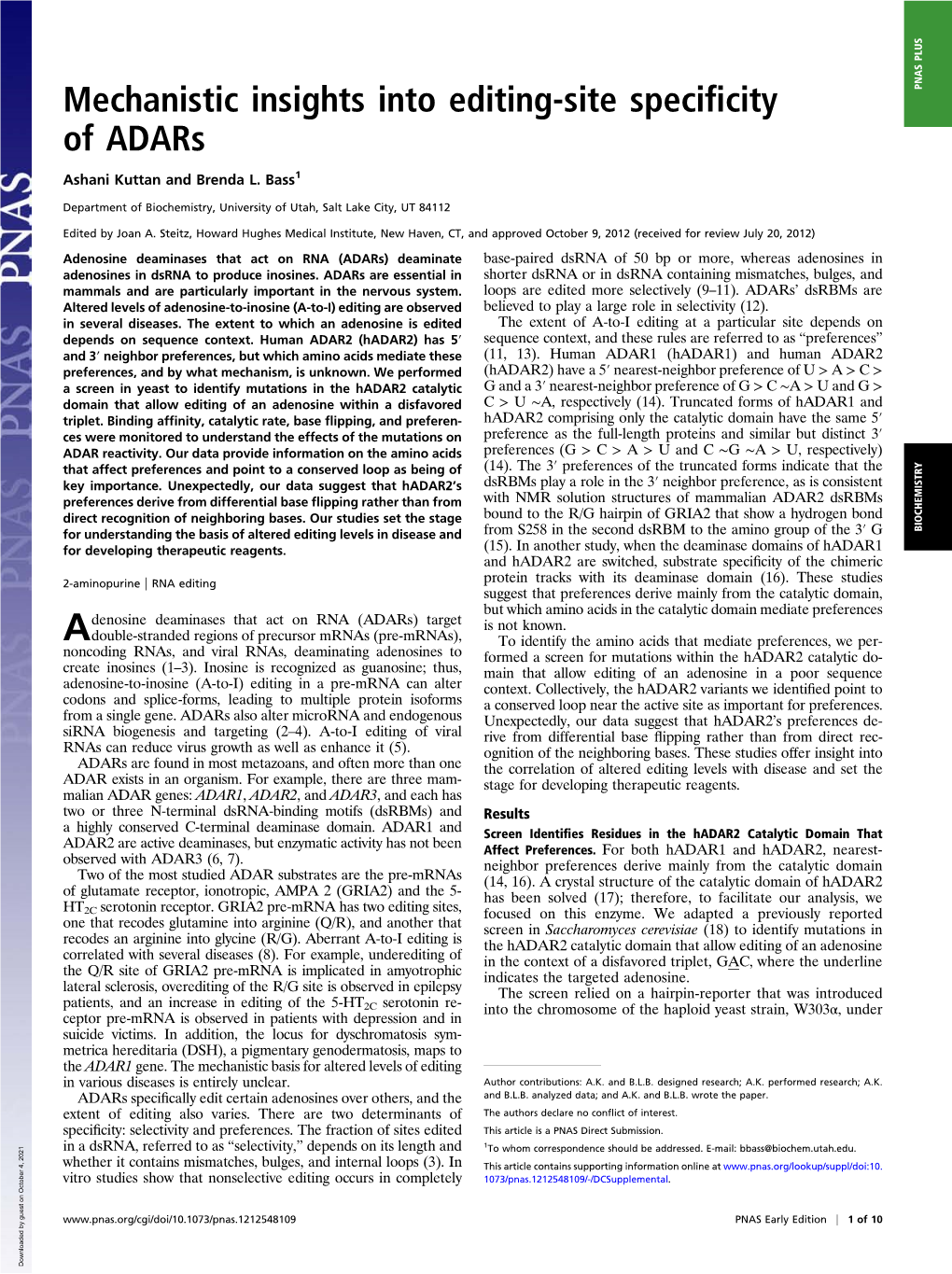 Mechanistic Insights Into Editing-Site Specificity of Adars