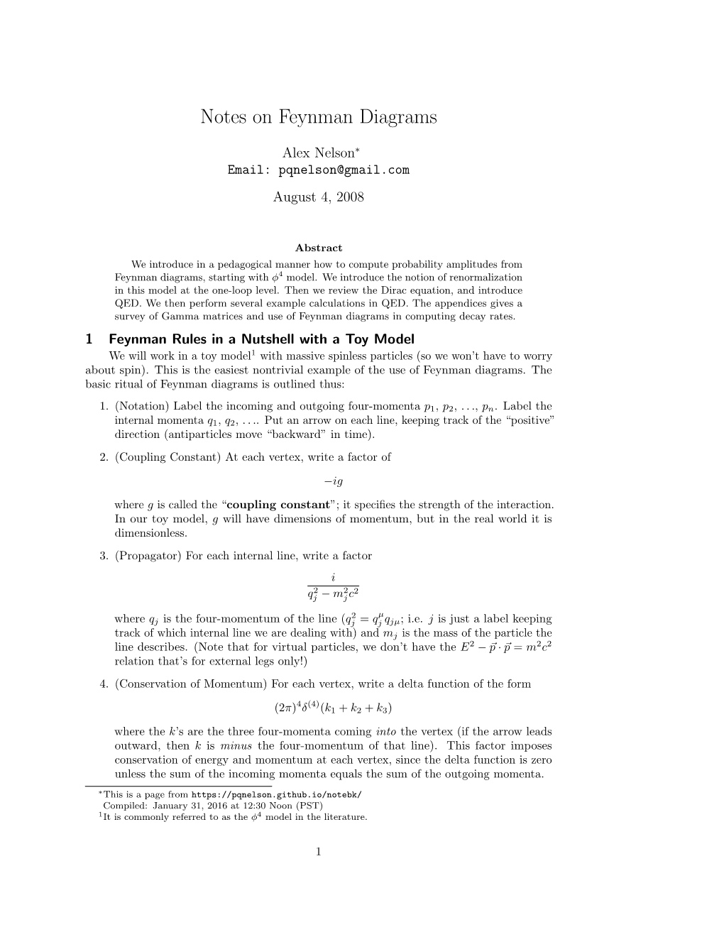 Notes on Feynman Diagrams