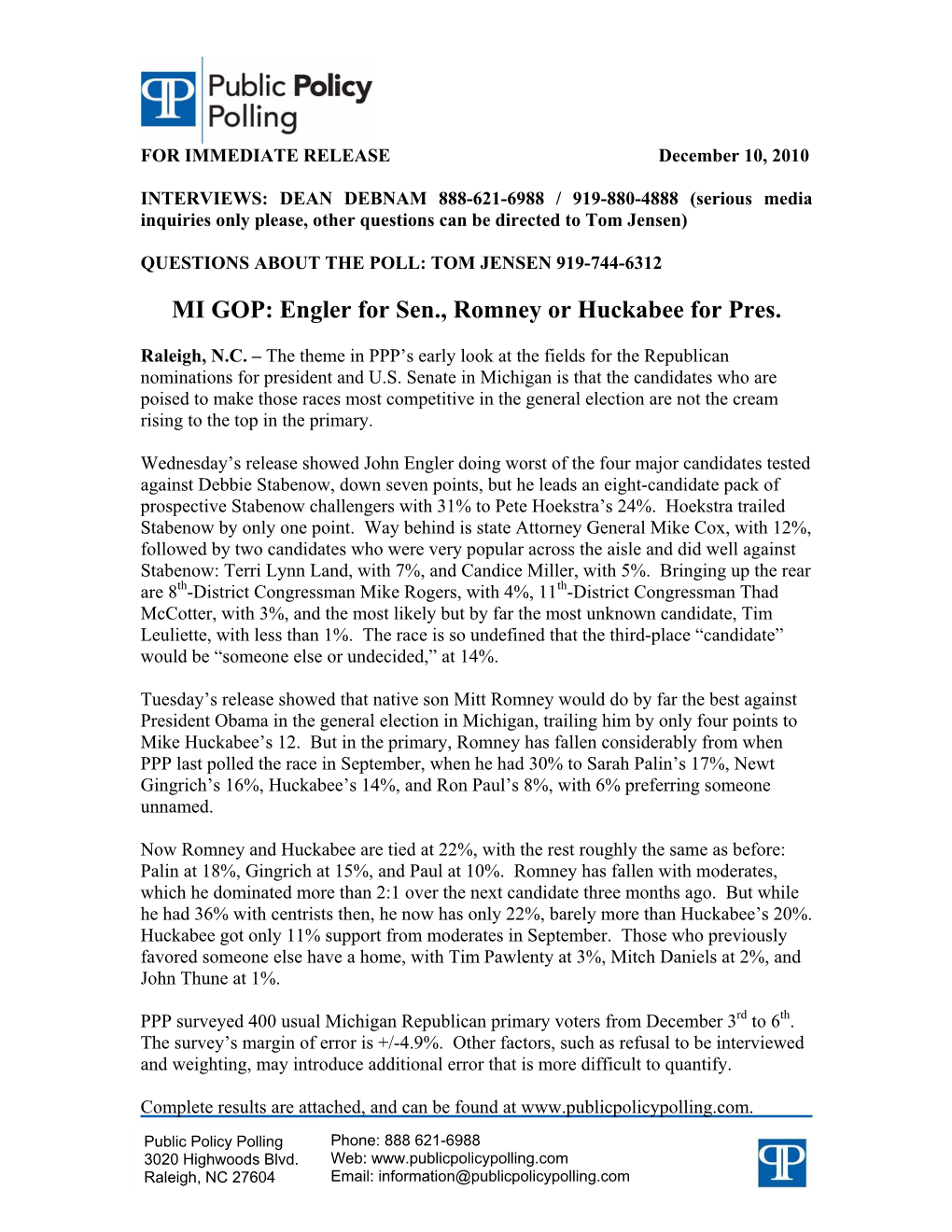 MI GOP: Engler for Sen., Romney Or Huckabee for Pres