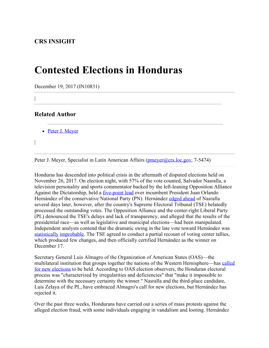 Contested Elections in Honduras