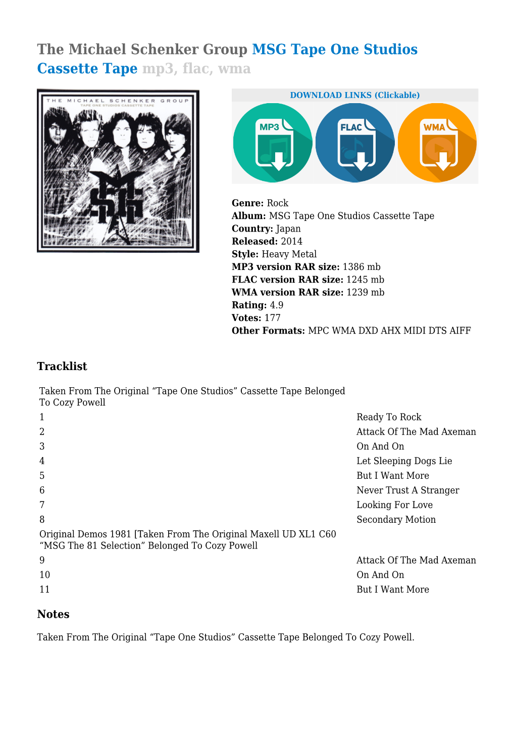 The Michael Schenker Group MSG Tape One Studios Cassette Tape Mp3, Flac, Wma