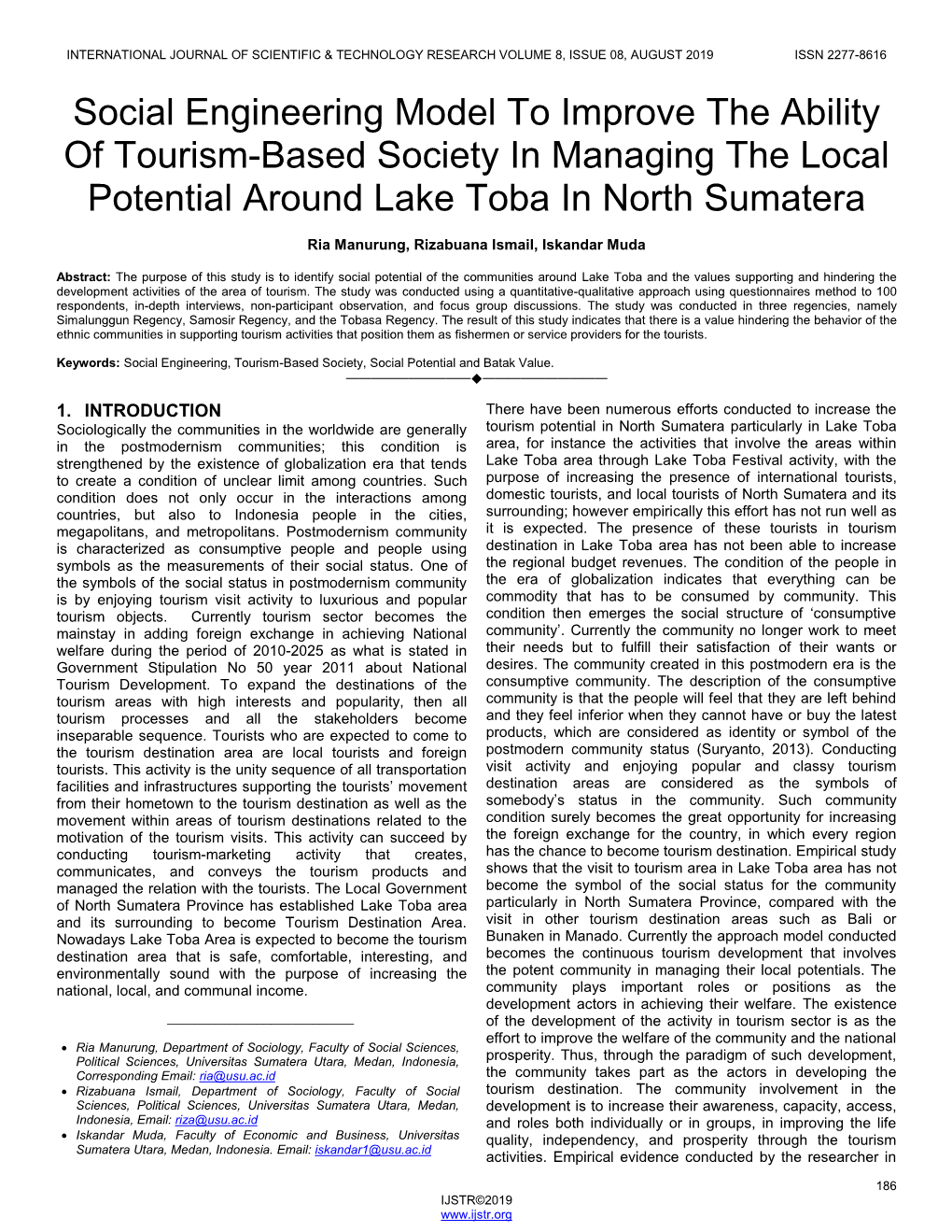 Social Engineering Model to Improve the Ability of Tourism-Based Society in Managing the Local Potential Around Lake Toba in North Sumatera