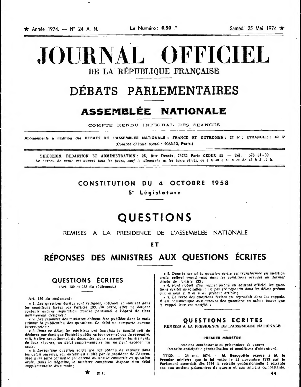 Journal Officiel Du Samedi 25 Mai 1974