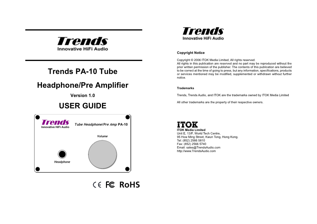 Trends PA-10 Tube Headphone/Pre Amplifier USER GUIDE