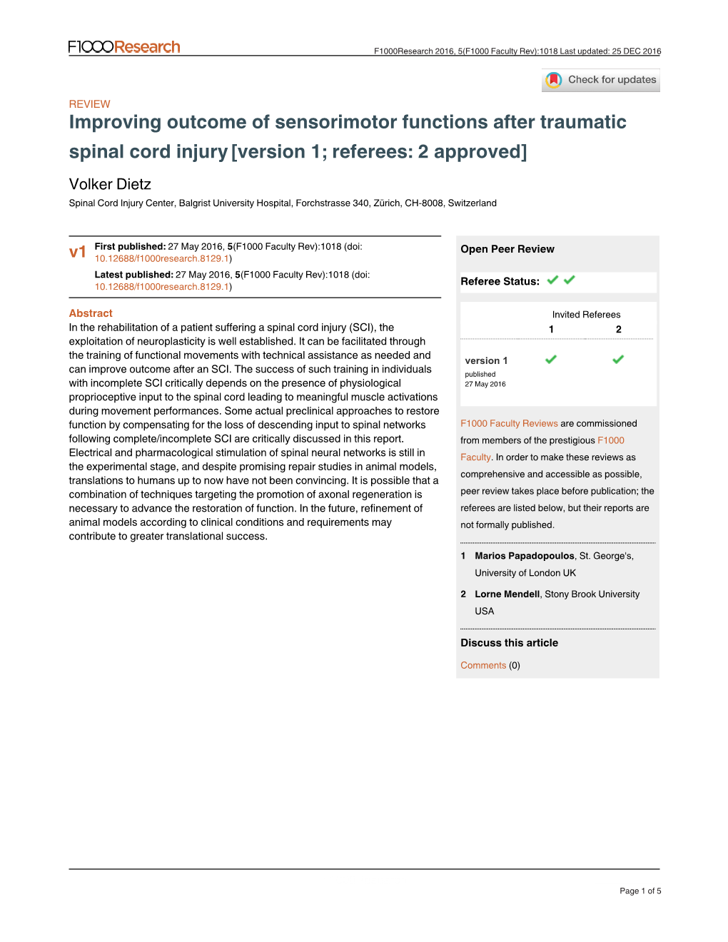 Improving Outcome of Sensorimotor Functions After