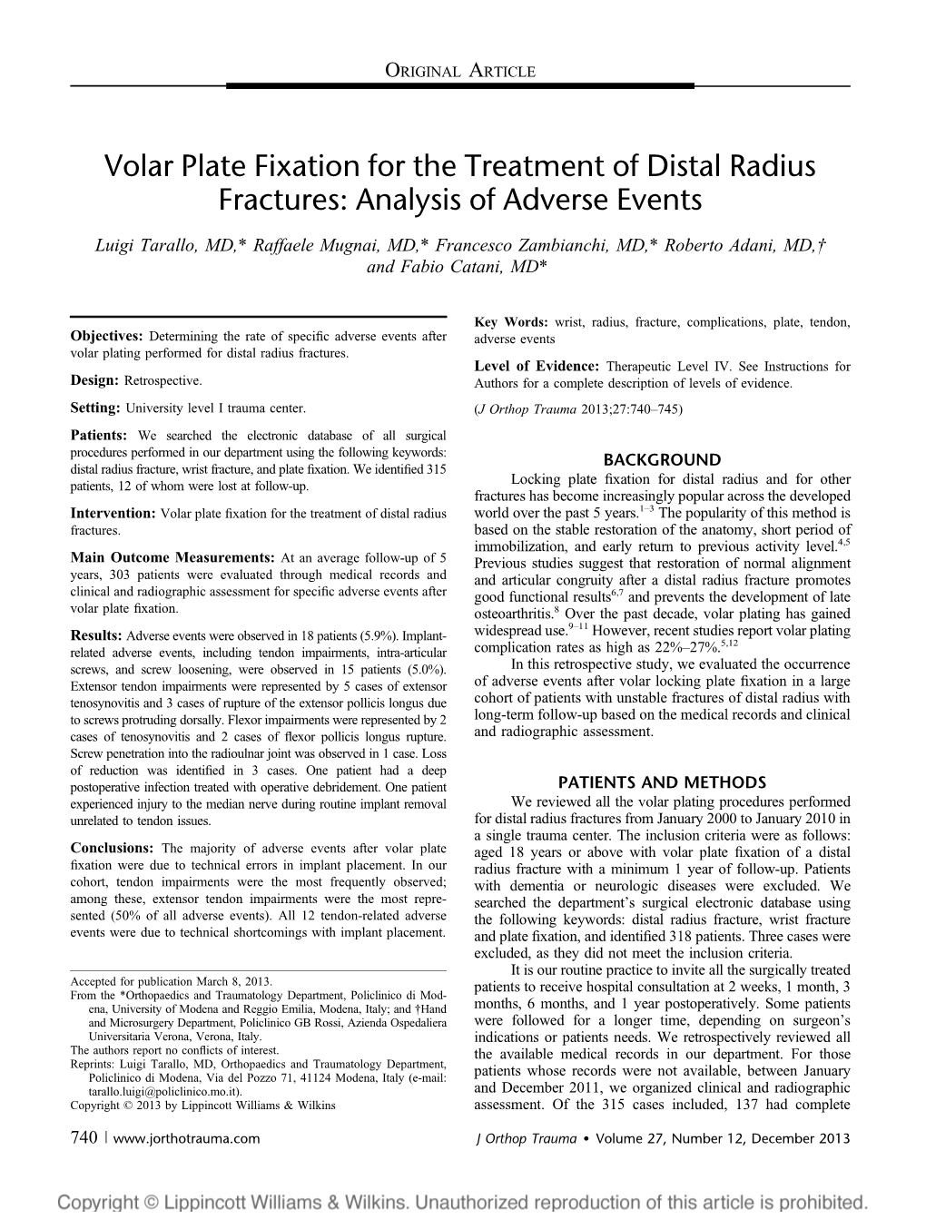 Volar Plate Fixation for the Treatment of Distal Radius Fractures: Analysis of Adverse Events