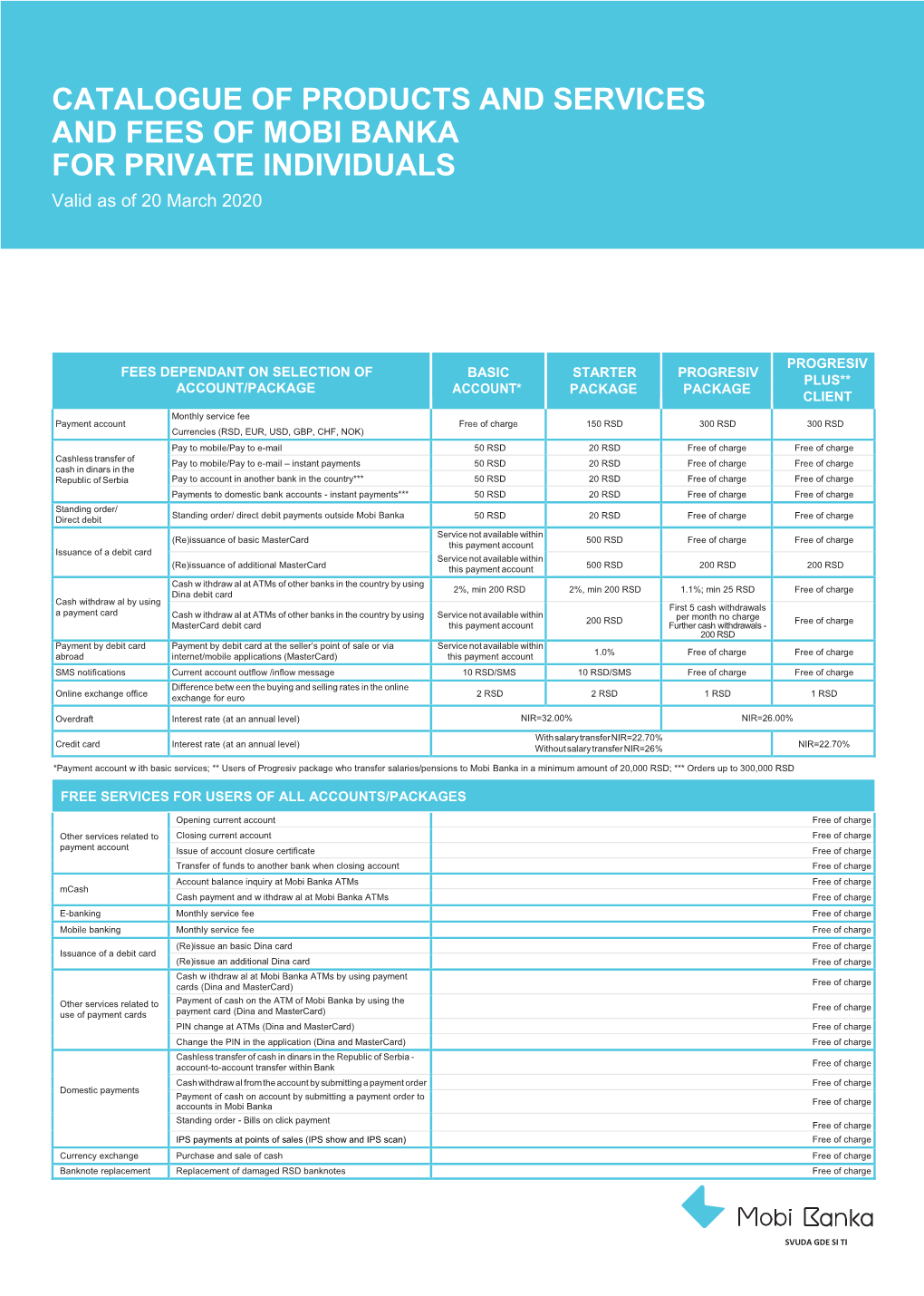 Catalogue of Products and Services and Fees of Mobi Banka for Private