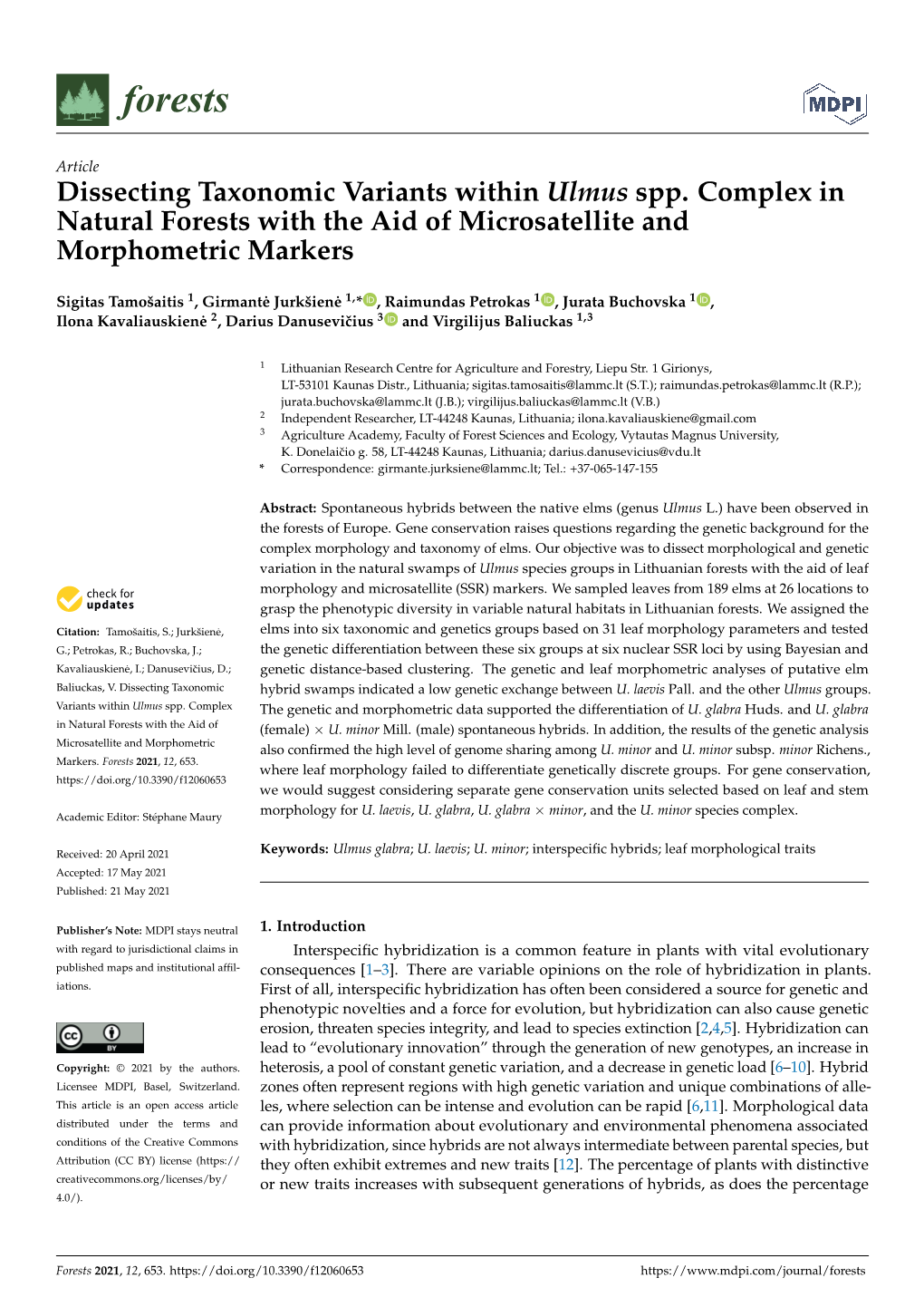 Dissecting Taxonomic Variants Within Ulmus Spp. Complex in Natural Forests with the Aid of Microsatellite and Morphometric Markers