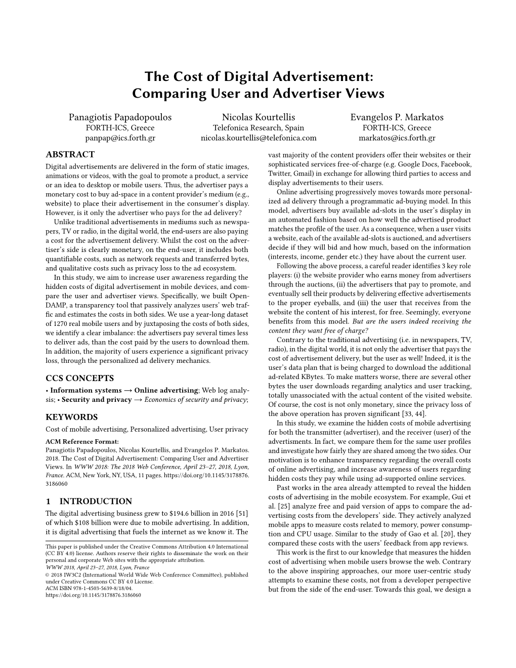 The Cost of Digital Advertisement:Comparing User and Advertiser Views